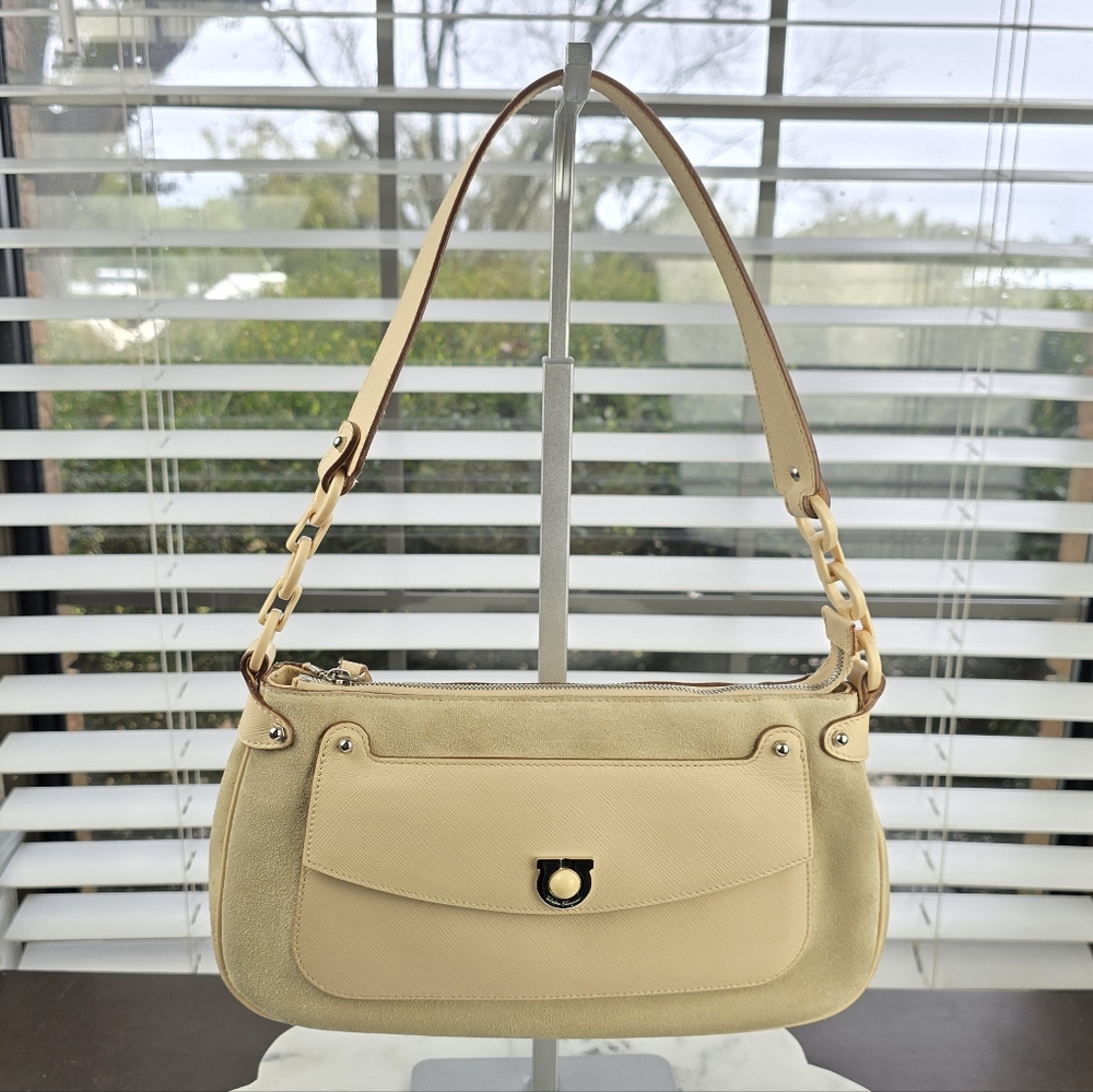 Salvatore Ferragamo Vintage Cream Suede Chain Shoulder Bag